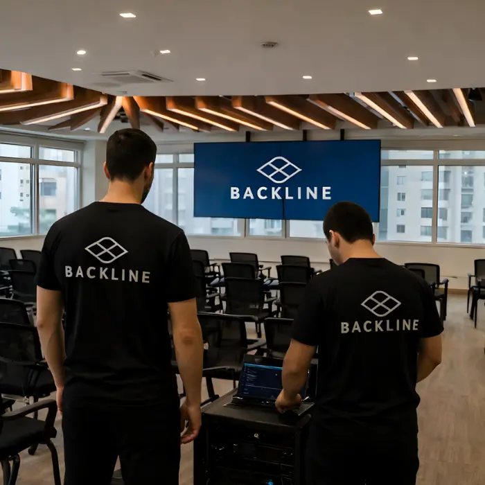 Equipe da backline organizando o ambiente - Backline